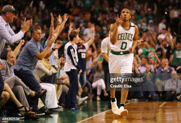 Avery Bradley of the Boston Celtics reacts in the first half against the Cleveland Cavaliers during Game One of the 2017 NBA Eastern Conference...