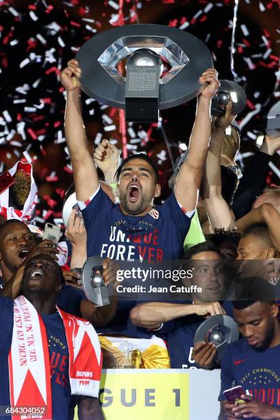 Captain of AS Monaco Radamel Falcao holding the trophy and teammates during the French League 1 Championship title celebration following the French...