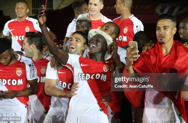 Radamel Falcao, Benjamin Mendy, Nabil Dirar of Monaco during the French League 1 Championship title celebration following the French Ligue 1 match...