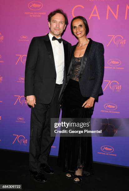 Vincent Perez and Karine Silla attends the Opening Gala dinner during the 70th annual Cannes Film Festival at Palais des Festivals on May 17, 2017 in...