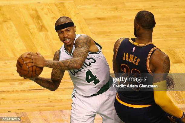 Isaiah Thomas of the Boston Celtics handles the ball against LeBron James of the Cleveland Cavaliers in the second half during Game One of the 2017...