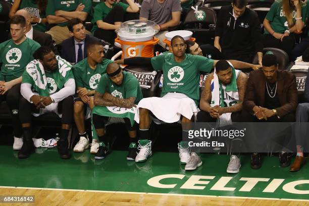Jae Crowder, Avery Bradley, Isaiah Thomas, Al Horford and Marcus Smart of the Boston Celtics react on the bench during the fourth quarter against the...