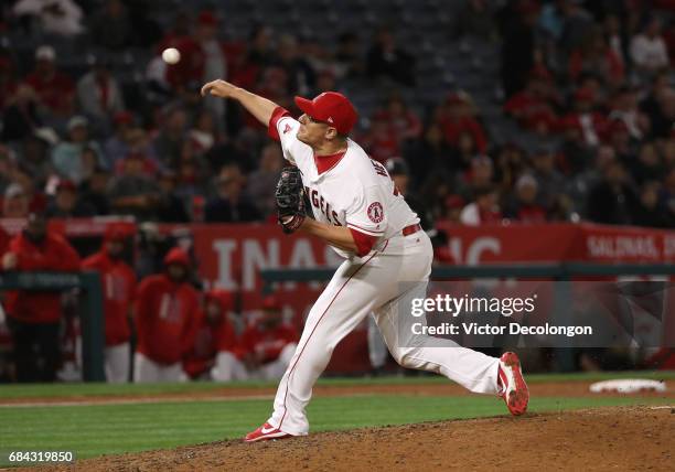 Pitcher David Hernandez of the Los Angeles Angels of Anaheim pitches in the ninth inning during the MLB game against the Chicago White Sox at Angel...