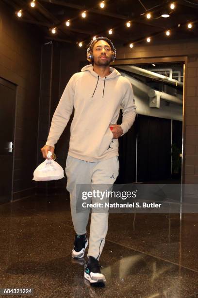 James Young of the Boston Celtics arrives before the game against the Cleveland Cavaliers in Game One of the Eastern Conference Finals during the...