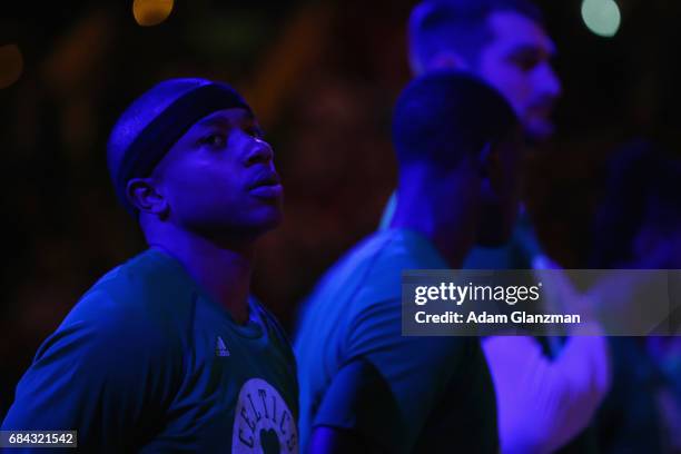 Isaiah Thomas of the Boston Celtics looks on prior to Game One of the 2017 NBA Eastern Conference Finals against the Cleveland Cavaliers at TD Garden...