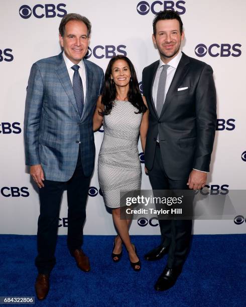 Jim Nantz, Tracy Wolfson, and Tony Romo attend the 2017 CBS Upfront at The Plaza Hotel on May 17, 2017 in New York City.