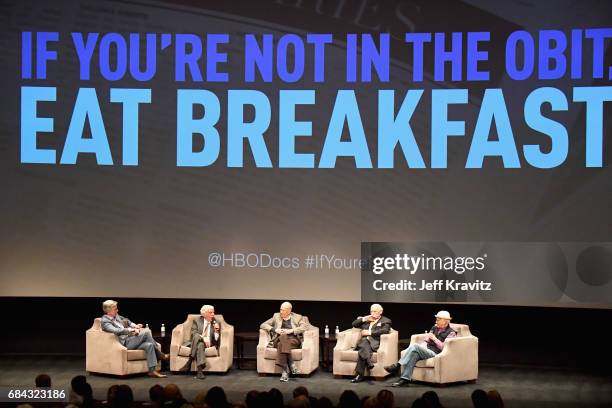 Tom Bergeron, Dick Van Dyke, Carl Reiner, Mel Brooks and Norman Lear speak onstage at the LA Premiere of "If You're Not In The Obit, Eat Breakfast"...