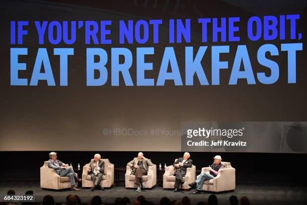 Tom Bergeron, Dick Van Dyke, Carl Reiner, Mel Brooks and Norman Lear speak onstage at the LA Premiere of "If You're Not In The Obit, Eat Breakfast"...
