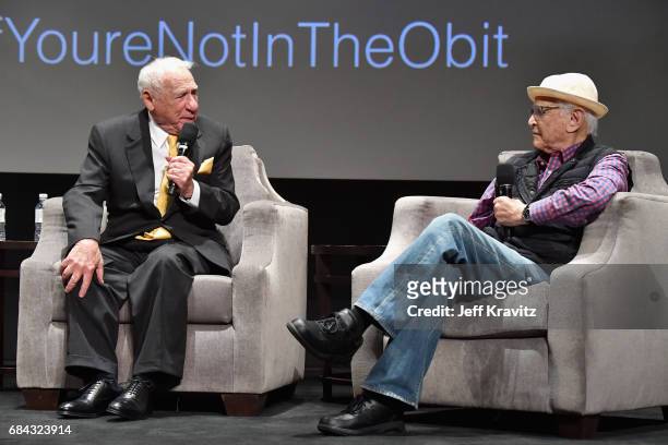 Mel Brooks and Norman Lear speak onstage at the LA Premiere of "If You're Not In The Obit, Eat Breakfast" from HBO Documentaries on May 17, 2017 in...