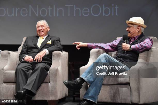 Mel Brooks and Norman Lear speak onstage at the LA Premiere of "If You're Not In The Obit, Eat Breakfast" from HBO Documentaries on May 17, 2017 in...