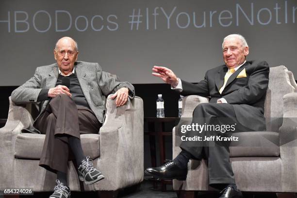 Carl Reiner and Mel Brooks speak onstage at the LA Premiere of "If You're Not In The Obit, Eat Breakfast" from HBO Documentaries on May 17, 2017 in...