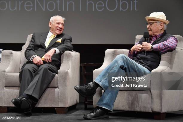 Carl Reiner and Mel Brooks speak onstage at the LA Premiere of "If You're Not In The Obit, Eat Breakfast" from HBO Documentaries on May 17, 2017 in...