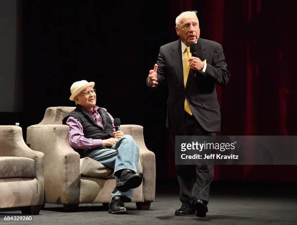 Norman Lear and Mel Brooks speak onstage at the LA Premiere of "If You're Not In The Obit, Eat Breakfast" from HBO Documentaries on May 17, 2017 in...