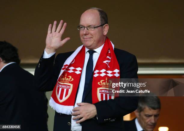 Prince Albert II of Monaco attends the French Ligue 1 match between AS Monaco and AS Saint-Etienne at Stade Louis II on May 17, 2017 in Monaco,...