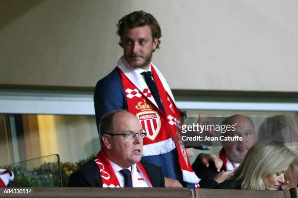 Prince Albert II of Monaco and Pierre Casiraghi attend the French Ligue 1 match between AS Monaco and AS Saint-Etienne at Stade Louis II on May 17,...