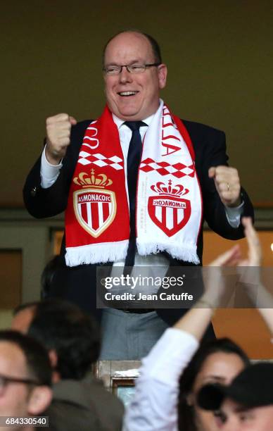 Prince Albert II of Monaco reacts at final whistle and celebrates winning the French Ligue 1 Championship title following the French Ligue 1 match...