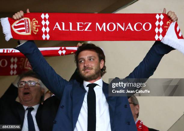 Pierre Casiraghi reacts at final whistle and celebrates winning the French Ligue 1 Championship title following the French Ligue 1 match between AS...