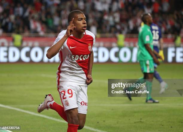 Kylian Mbappe of Monaco celebrates his goal during the French Ligue 1 match between AS Monaco and AS Saint-Etienne at Stade Louis II on May 17, 2017...