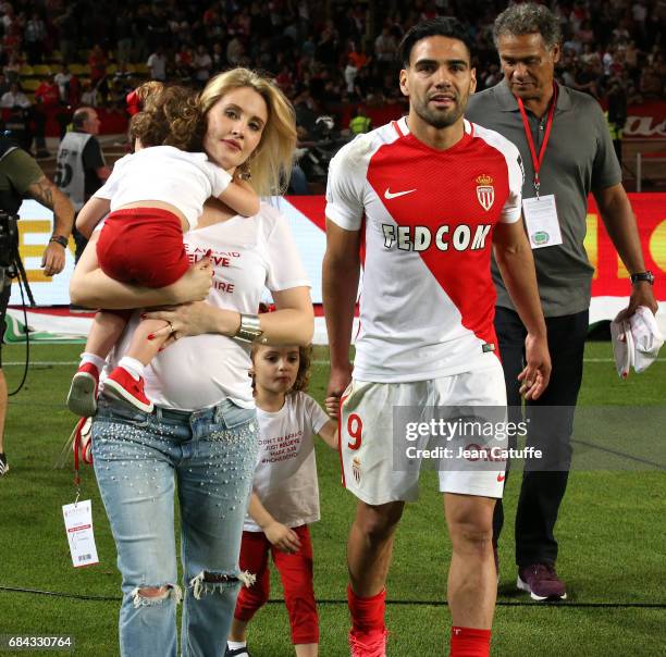 Radamel Falcao of Monaco, his wife Lorelei Taron and their daughters Desiree Garcia Taron and Dominique Garcia Taron during the French League 1...