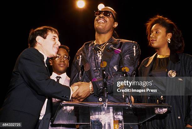 Paul Simon and Stevie Wonder attend the 1989 Rock N Roll Hall of Fame Induction Ceremony circa 1989 in New York City.