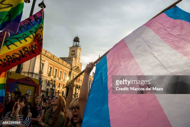 People waving the rainbow flag during a demonstration for the International Day against Homophobia, Transphobia and Biphobia.