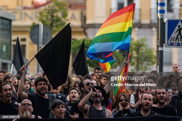 People protesting during a demonstration for the International Day against Homophobia, Transphobia and Biphobia.