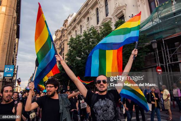 Man waving rainbow flags during a demonstration for the International Day against Homophobia, Transphobia and Biphobia.