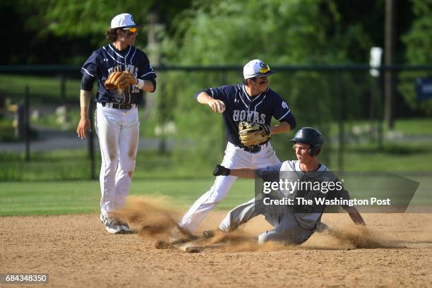 Georgetown Prep Hoyas Zachary Davis gets the force out with backup from Georgetown Prep Hoyas James Flannery of St. Albans Bulldogs Drew Posner in...