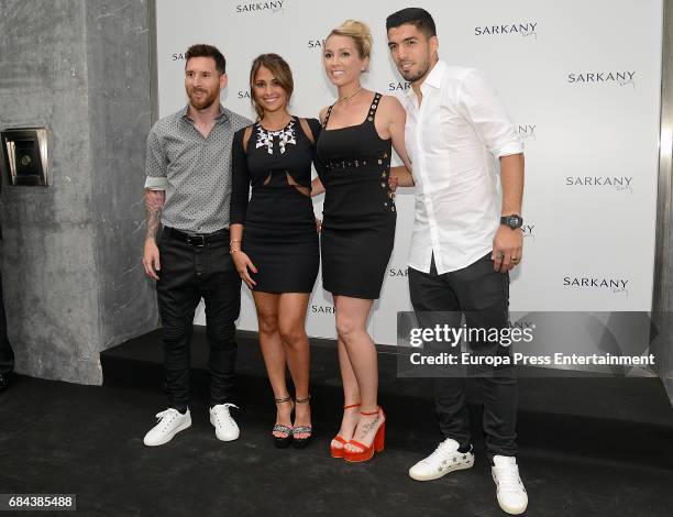 Lionel Messi, Antonella Roccuzzo, Sofia Balbi and Luis Suarez attend the opening of Sarkany Shoes Boutique on May 17, 2017 in Barcelona, Spain.