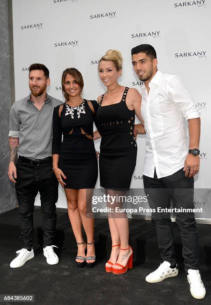 Lionel Messi, Antonella Roccuzzo, Sofia Balbi and Luis Suarez attend the opening of Sarkany Shoes Boutique on May 17, 2017 in Barcelona, Spain.