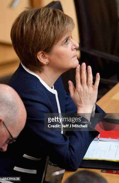 First Minister Nicola Sturgeon, attends first minister's questions at the Scottish Parliament on May 18, 2017 Edinburgh, Scotland.