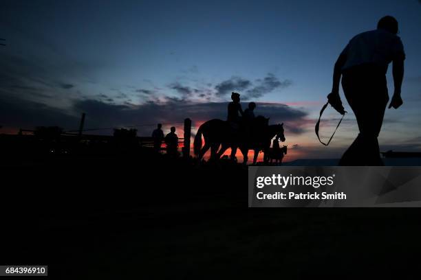 Kentucky Derby winner Always Dreaming is lead to the track, as trainer Todd Pletcher walks alongside, prior to a training session for the upcoming...