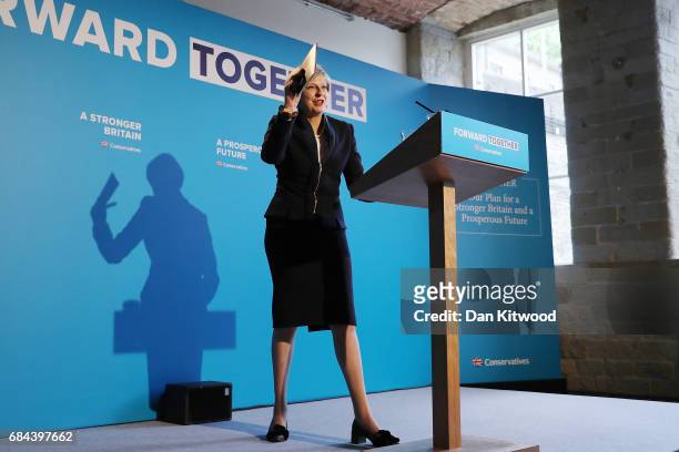 Prime Minister Theresa May launches the Conservative Party Election Manifesto, on May 18, 2017 in Halifax, United Kingdom. The Conservative Party...