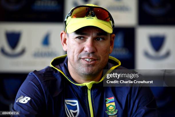 South Africa's head coach Russell Domingo chats to the press during the South Africa Arrival Press Conference at The 1st Central County Ground on May...