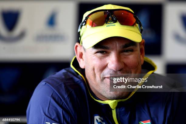 South Africa's head coach Russell Domingo chats to the press during the South Africa Arrival Press Conference at The 1st Central County Ground on May...