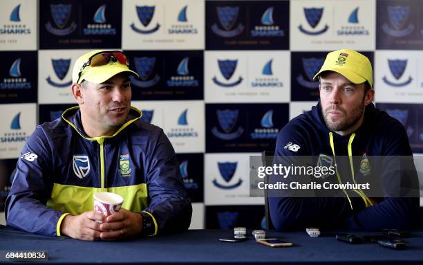 South Africa's one day captain AB de Villiers and Head Coach Russell Domingo chat to the press during the South Africa Arrival Press Conference at...