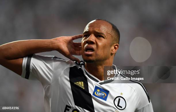 Vadis Odjidja-Ofoe of Legia Warszawa celebrates his goal during the Extraklasa league match between Legia Warszawa and Lech Poznan on May 17, 2017 in...