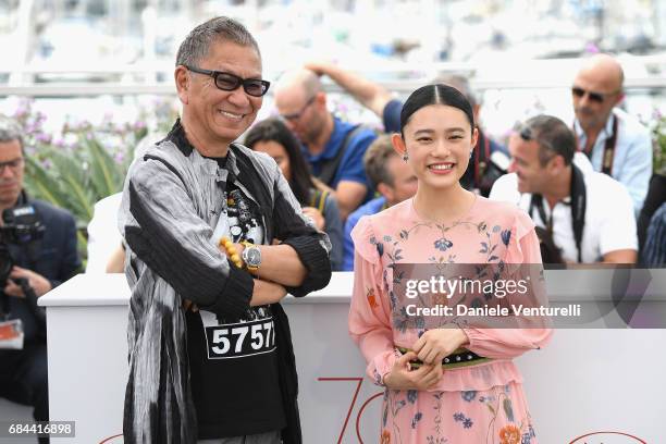 Takashi Miike and Hana Sugisaki attend the "Blade Of The Immortal " photocall during the 70th annual Cannes Film Festival at Palais des Festivals on...