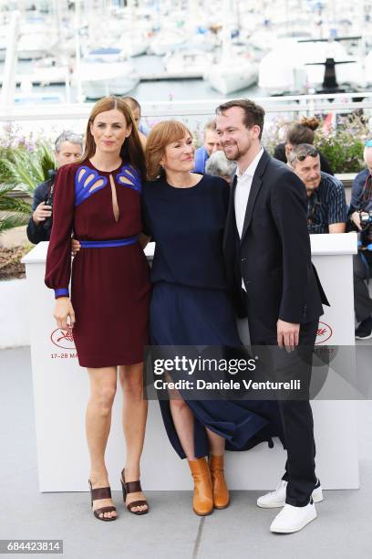 Janine Jackowski, director Valeska Grisebach and Jonas Dornbach attend "Western" Photocall during the 70th annual Cannes Film Festival at Palais des...