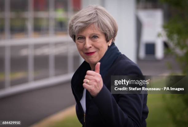 Prime Minister Theresa May arrives to meet staff at missile manufacturer, MBDA in Bolton after earlier launching the Conservative Party's manifesto...