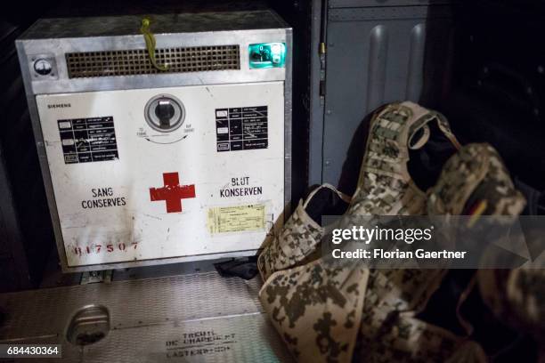 Erbil, Iraq A coolbox with blood preservation and a bulletproof vest. Photo taken in the Transall on the way to Erbil on April 20, 2017 in Erbil,...