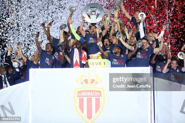 Captain of AS Monaco Radamel Falcao holding the trophy and teammates during the French League 1 Championship title celebration following the French...