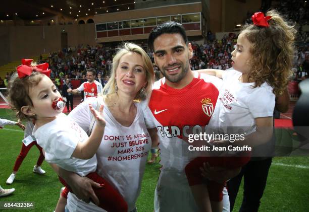 Radamel Falcao of Monaco, his wife Lorelei Taron and their daughters Desiree Garcia Taron and Dominique Garcia Taron during the French League 1...