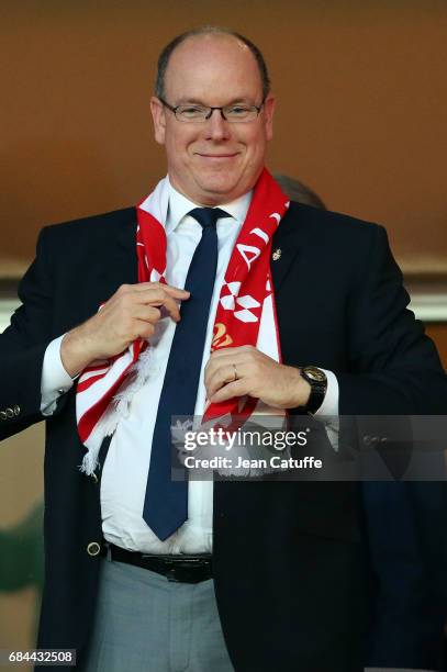 Prince Albert II of Monaco attends the French Ligue 1 match between AS Monaco and AS Saint-Etienne at Stade Louis II on May 17, 2017 in Monaco,...