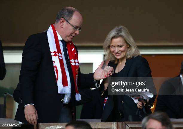 Prince Albert II of Monaco and President of LFP Nathalie Boy de la Tour attend the French Ligue 1 match between AS Monaco and AS Saint-Etienne at...