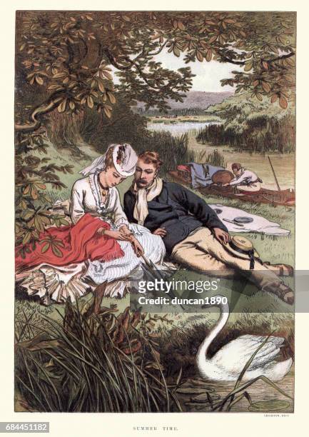 junges viktorianisches paar entspannt am flussufer 19. jahrhundert - romanticism stock-grafiken, -clipart, -cartoons und -symbole