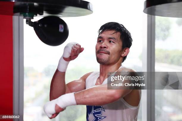 Manny Pacquiao trains at Elorde boxing Gym on May 19, 2017 in Manila, Philippines.