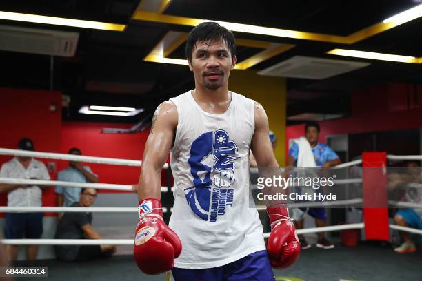 Manny Pacquiao looks on during a training session at Elorde boxing Gym on May 19, 2017 in Manila, Philippines.