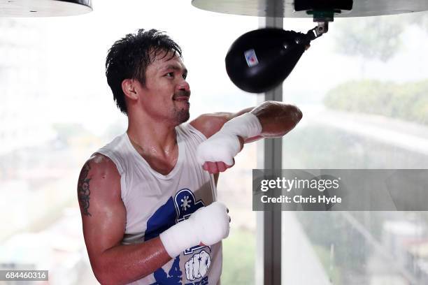 Manny Pacquiao trains at Elorde boxing Gym on May 19, 2017 in Manila, Philippines.