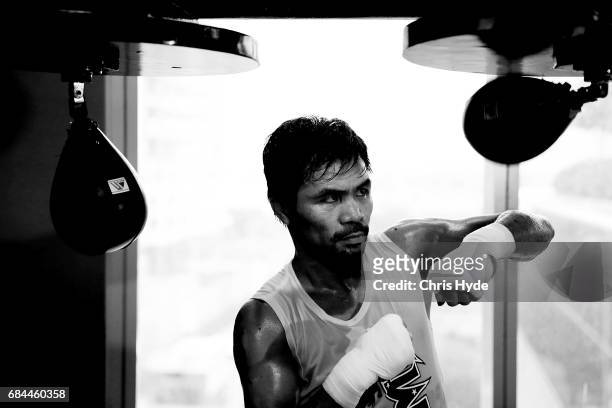 Manny Pacquiao trains at Elorde boxing Gym on May 19, 2017 in Manila, Philippines.